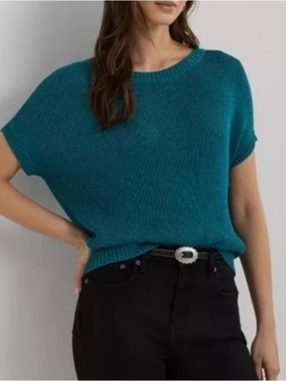 Lauren Ralph Lauren Black Label Teal Knit Cotton Cap Sleeve Sweater Small